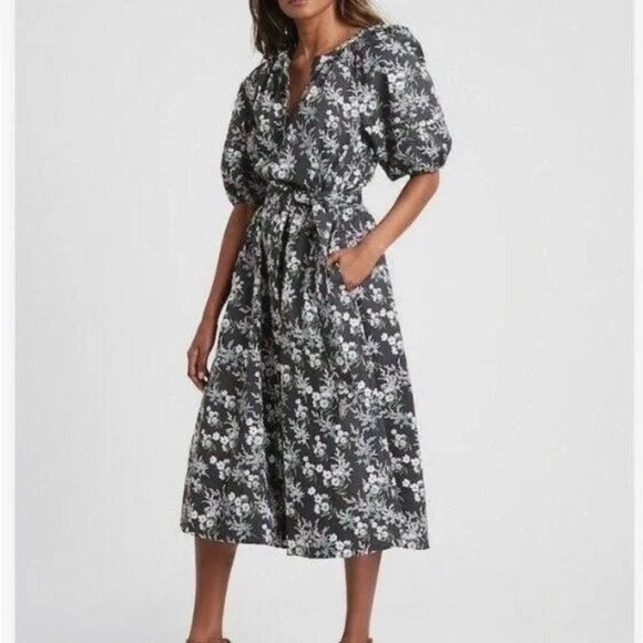 J Crew Cotton Floral Black Midi-dress - Picture 1 of 7
